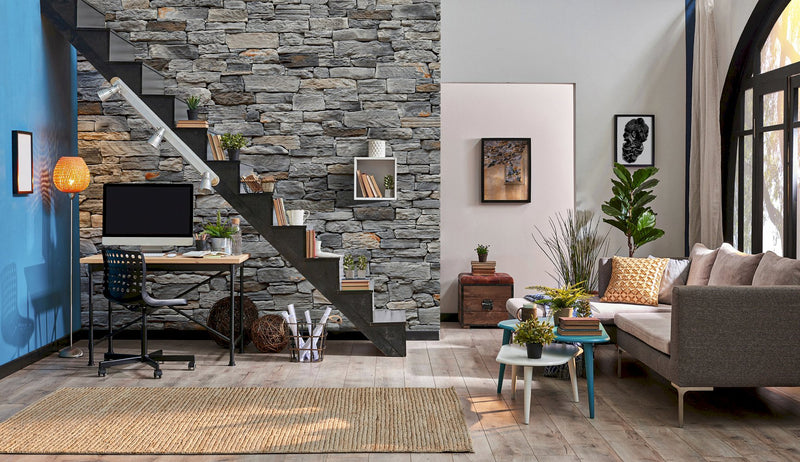 manufactured stone veneer slate look grand canyon ash handmade S12AS 101247 installed on living room wall iMac couch stairs