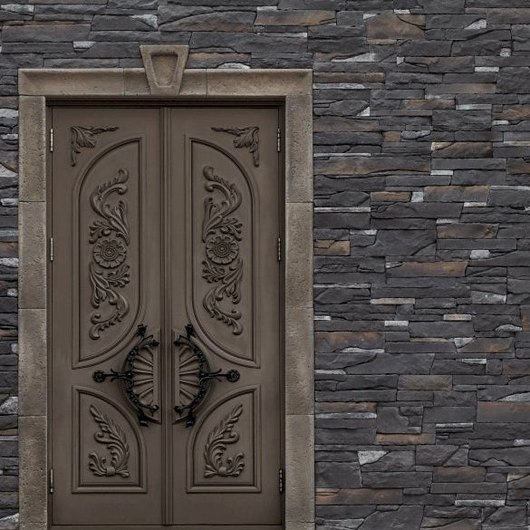 manufactured stone veneer slate look inka dark rundle black handmade S19RN 317862 installed outside house door brown