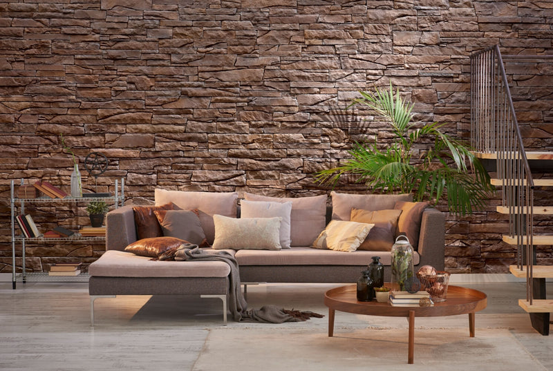 manufactured stone veneer slate look inka granat brown handmade S19GR 317861 installed living room wall couch wooden stairs