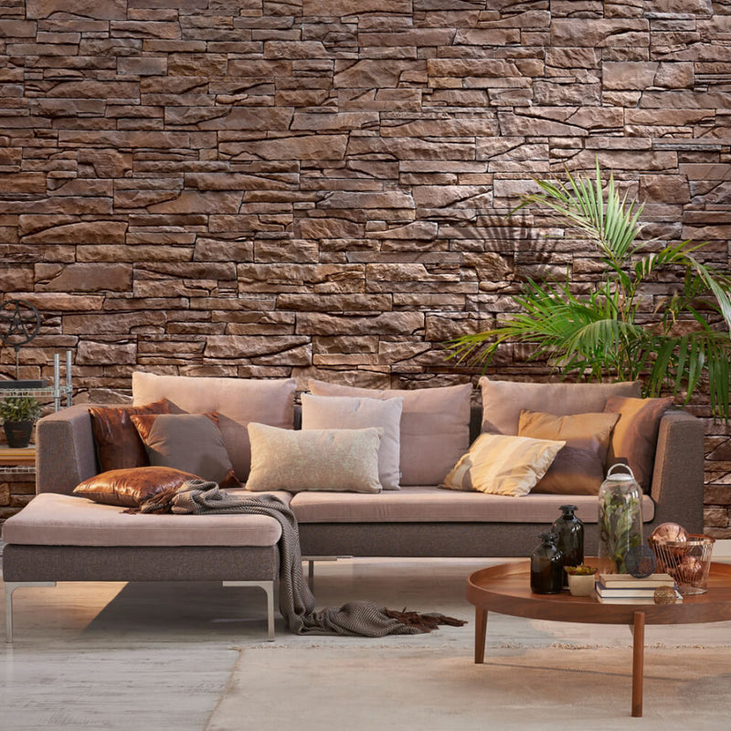 manufactured stone veneer slate look inka granat brown handmade S19GR 317861 installed living room wall couch