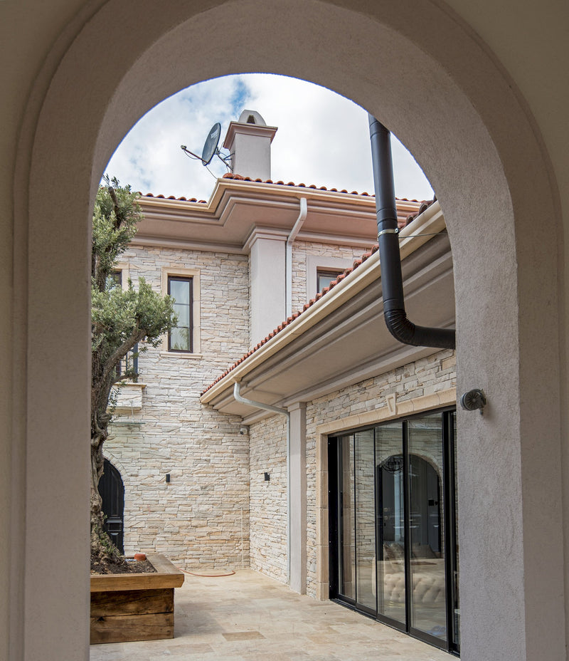 manufactured stone veneer slate look inka pearl white handmade S19PR 317859 installed facade of modern house entrance
