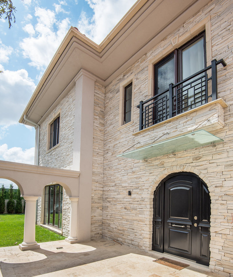 manufactured stone veneer slate look inka pearl white handmade S19PR 317859 installed facade of modern house other angle