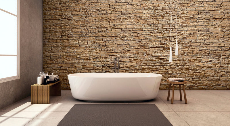 manufactured stone veneer slate look inka sand handmade S19SN 317860 installed bathroom wall white bathtub