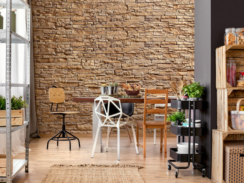 manufactured stone veneer slate look inka sand handmade S19SN 317860 installed kitchen dining room wall