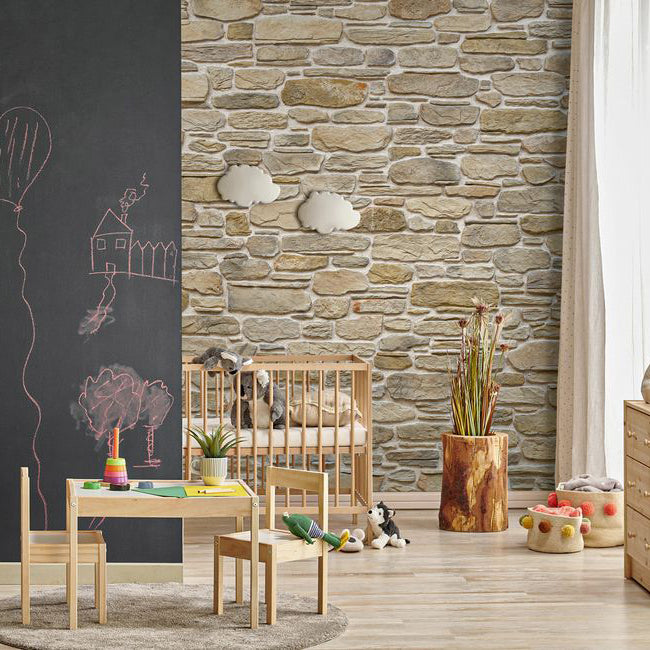manufactured stone veneer slate look pastoral sand handmade S22SN 317858 installed on kids room wall wooden furniture bed