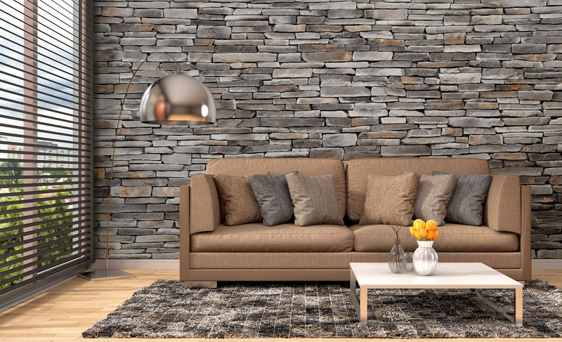 manufactured stone veneer slate look Sierra ash handmade S05AS 101219 installed inside wall couch