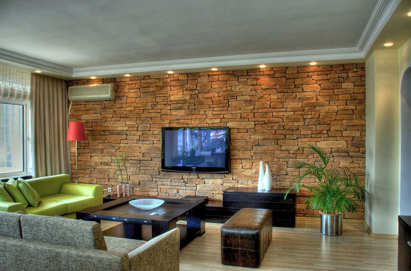 manufactured stone veneer slate look Sierra coffee handmade S05CF 101218 installed inside house living room TV