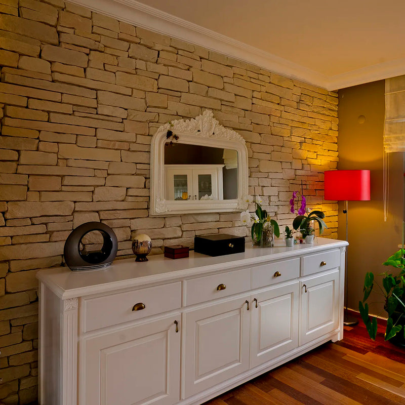 manufactured stone veneer slate look Sierra pearl handmade S05PR 101215 installed inside house living room wall