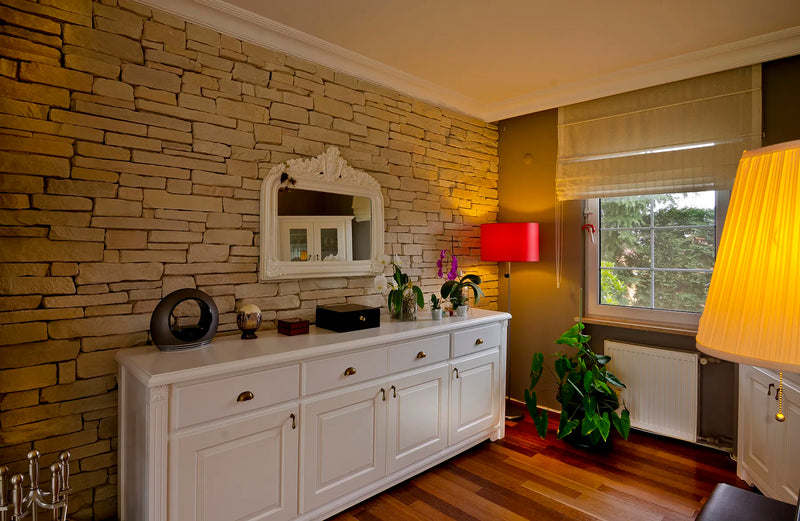 manufactured stone veneer slate look Sierra pearl handmade S05PR 101215 installed inside house living room wide