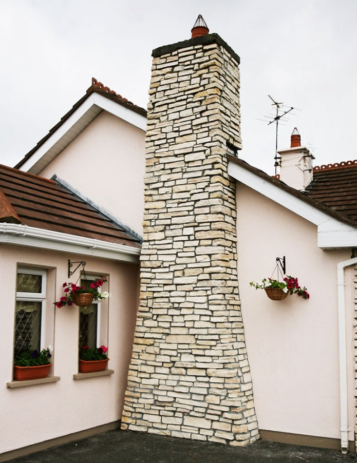 manufactured stone veneer slate look Sierra pearl handmade S05PR 101215 installed outside chimney house