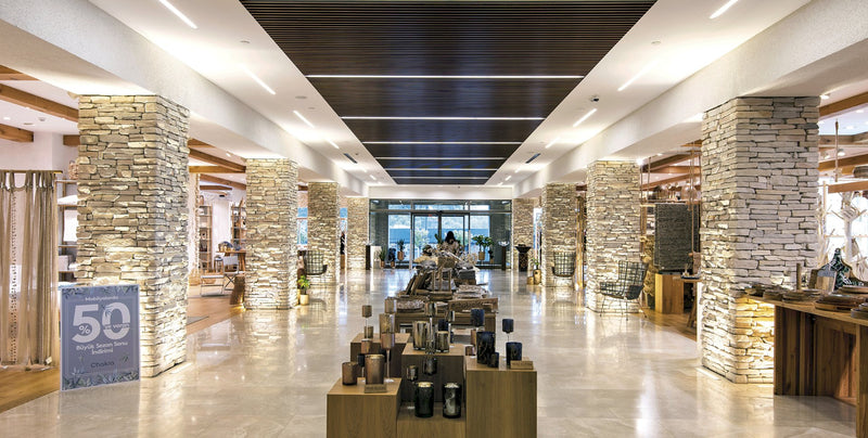 manufactured stone veneer slate look Sierra pearl handmade S05PR 101215 installed stores outer columns shopping mall