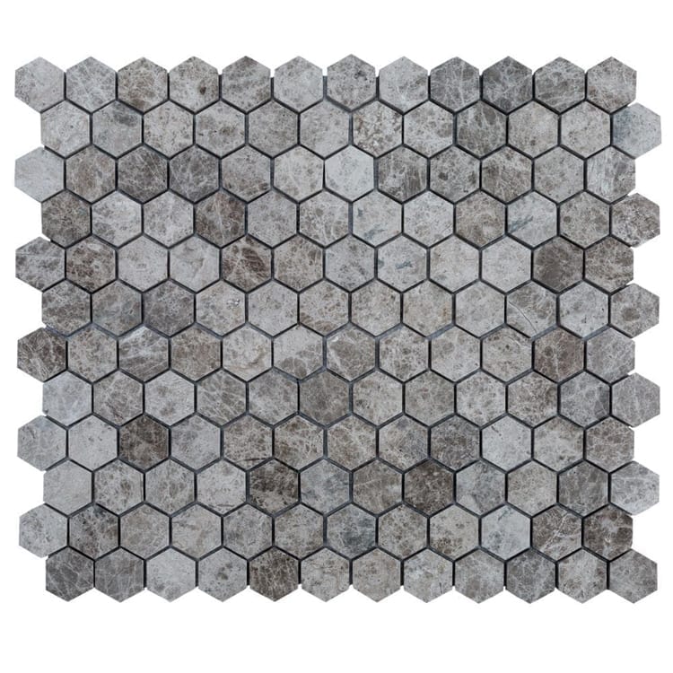 marble mosaic hexagon silver emprador angle view 4 tiles top