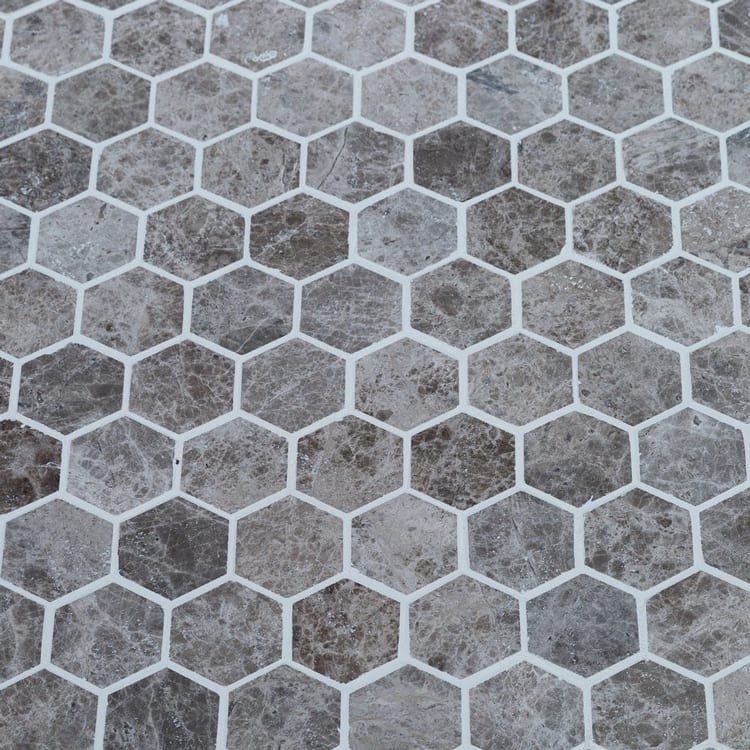 marble mosaic hexagon silver emprador angle view grouted closeup