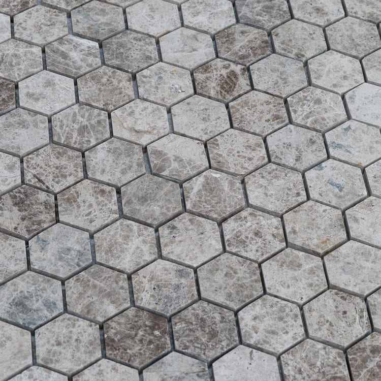 marble mosaic hexagon silver emprador angle view closeup