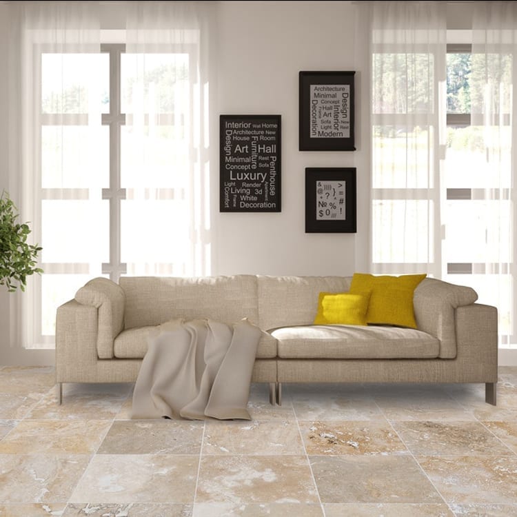 Mina Rustic Travertine 18x18 Honed-Filled living room with beige sofa