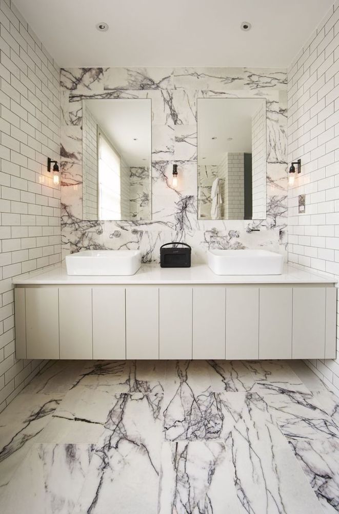 new york marble 24x24 polished installed on modern bathroom floor wall 2 sinked bathroom