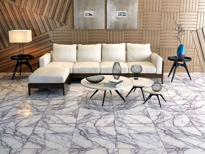 new york marble 24x24 polished installed on modern living room floor white L shape couch wood wall coverings