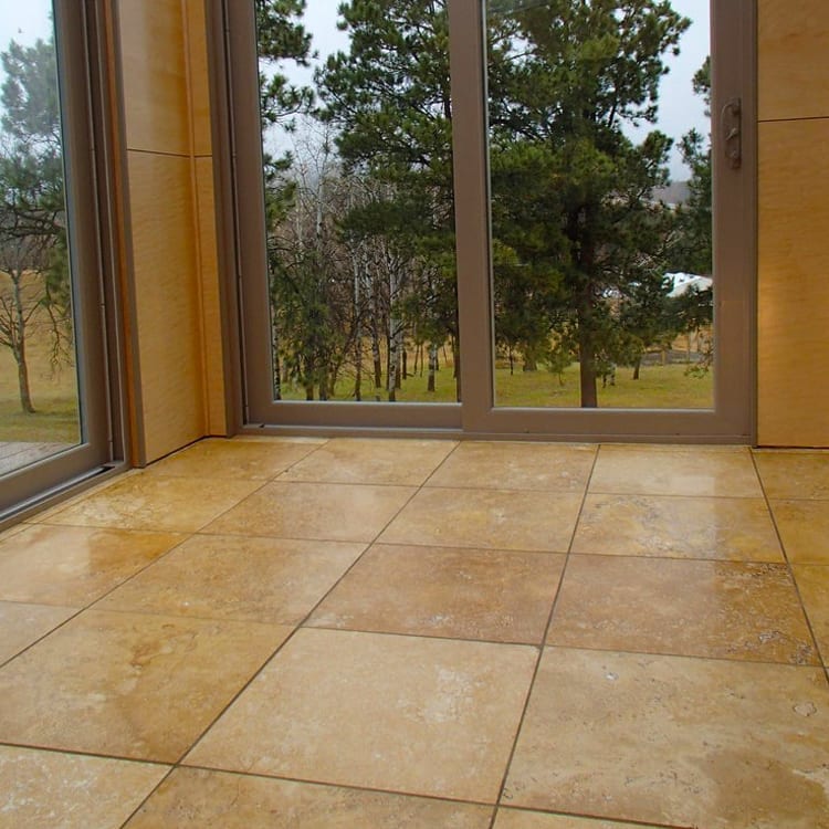 Oasis Gold travertine tile 18x18 10074413 Honed Filled sunroom