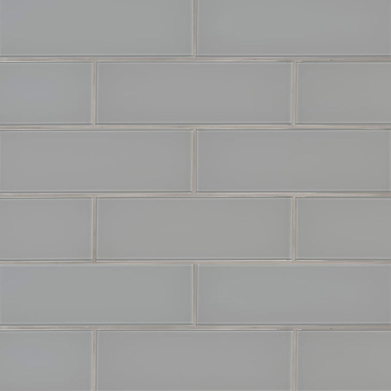Oyster gray 4x12 glossy glass wall tile SMOT-GL-T-OYGR412 product shot multiple tiles wall view