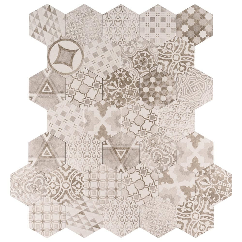 Patternia Hexagon Encaustic 7"x8" Glazed Porcelain Floor and Wall Tile - MSI Collection NMIX7X8HEX Product Shot Multiple Tiles Top View