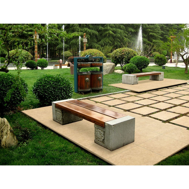 petra beige porcelain pavers 24x24in matte floor tile LPAVNPETBEI2424 installed outside in a park 2 benches