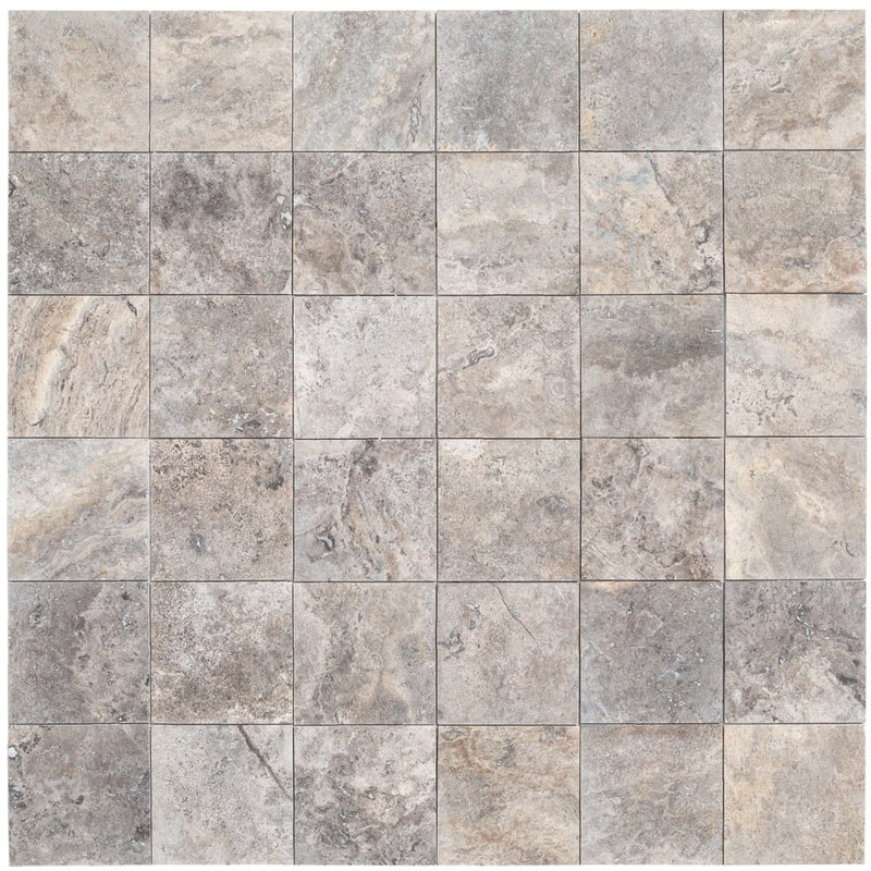 pewter travertine tile 12x12 honed filled PWT12x12HF product shot 36 tiles top view black grouted