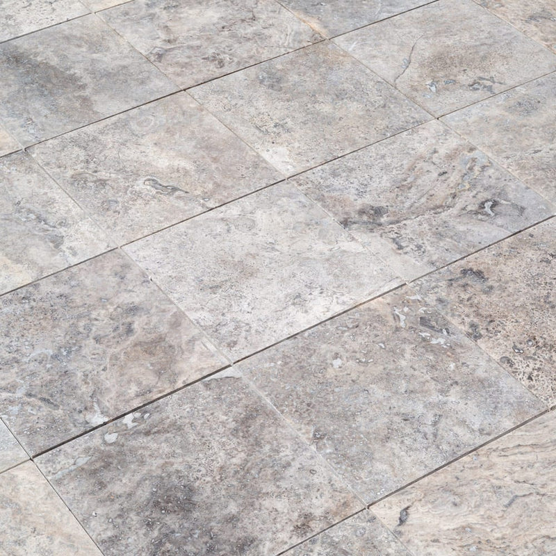 pewter travertine tile 12x12 honed filled PWT12x12HF product shot angle view closeup