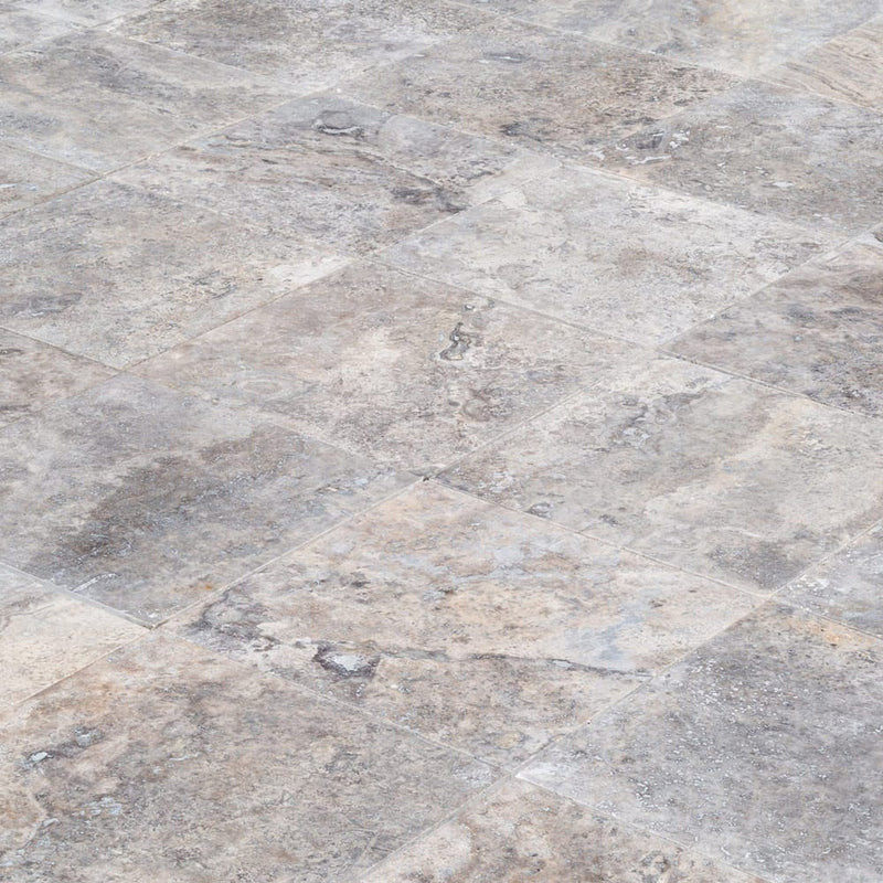 pewter travertine tile 12x12 honed filled PWT12x12HF product shot angle view closeup