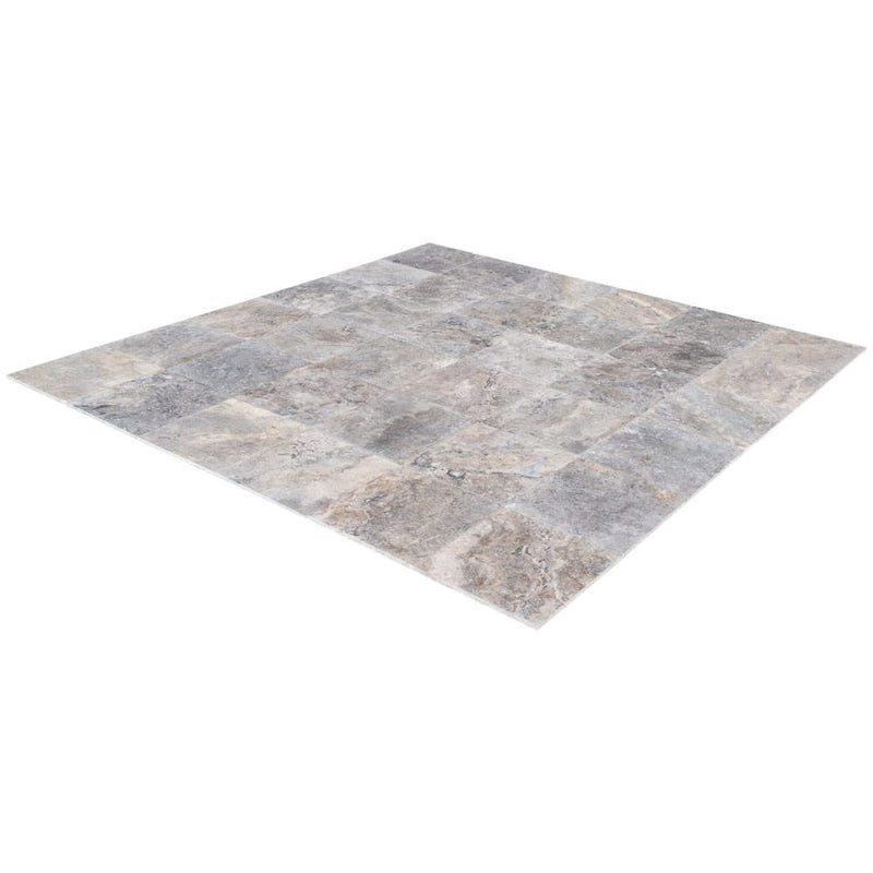 pewter travertine tile 12x12 honed filled PWT12x12HF product shot angle wide view