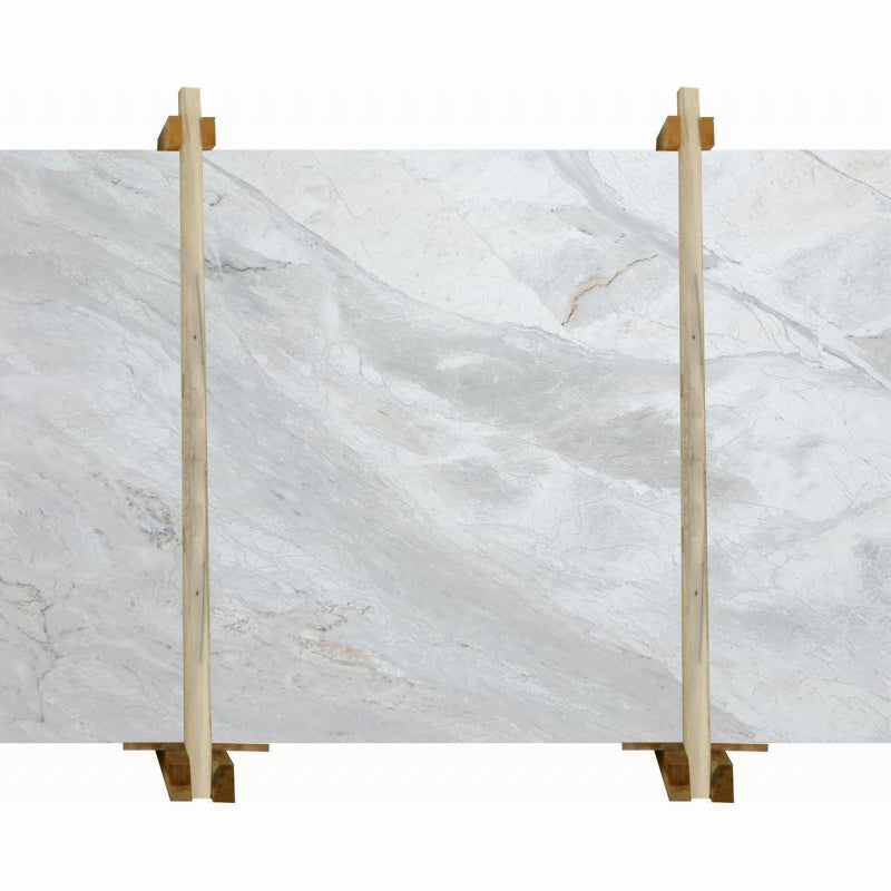 polar white marble slabs bookmatching packed on wooden slabs product shot