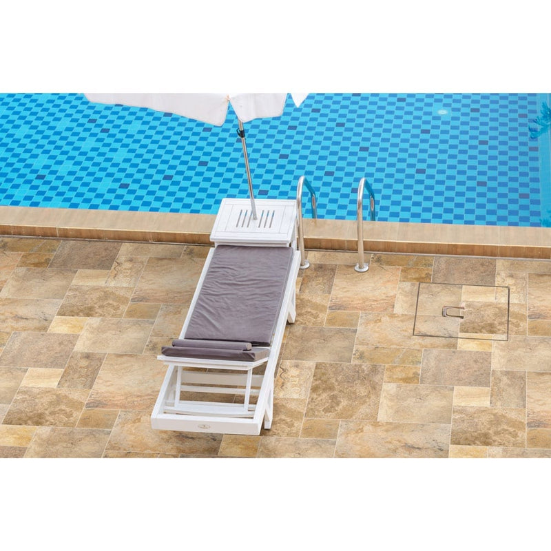 porcini travertine pavers pattern tumbled floor tile LPAVTPOR10KITS installed around swimming pol with one sun-bed