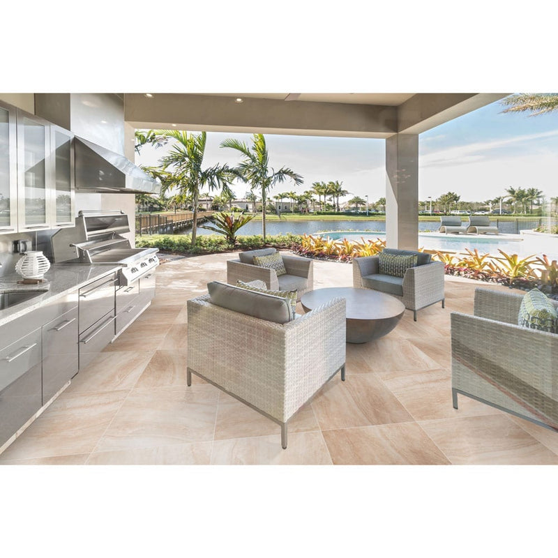 praia crema porcelain pavers 24x24in matte floor tile LPAVNPRACRE2424 installed on porch with kitchen