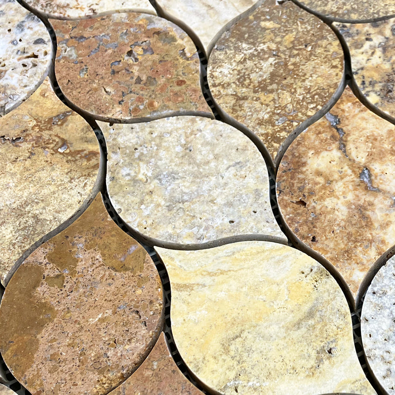 scabos travertine mosaic tile leaf design on 12x12 mesh honed angle closeup view