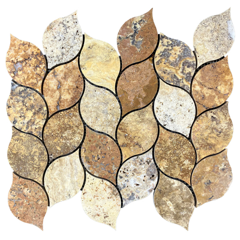 scabos travertine mosaic tile leaf design on 12x12 mesh honed top product shot