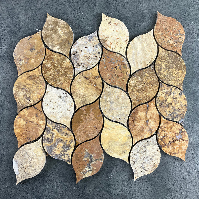 scabos travertine mosaic tile leaf design on 12x12 mesh honed top view