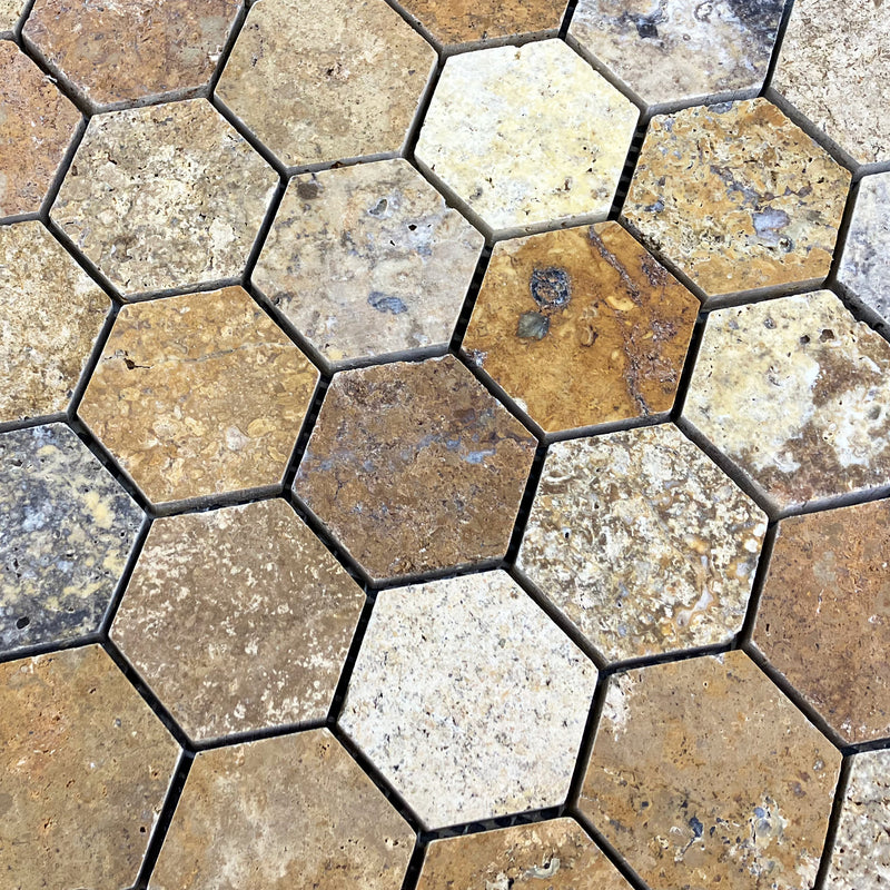scabos travertine travertine mosaic 2 hexagon honed on 12x12 mesh angle close-up view