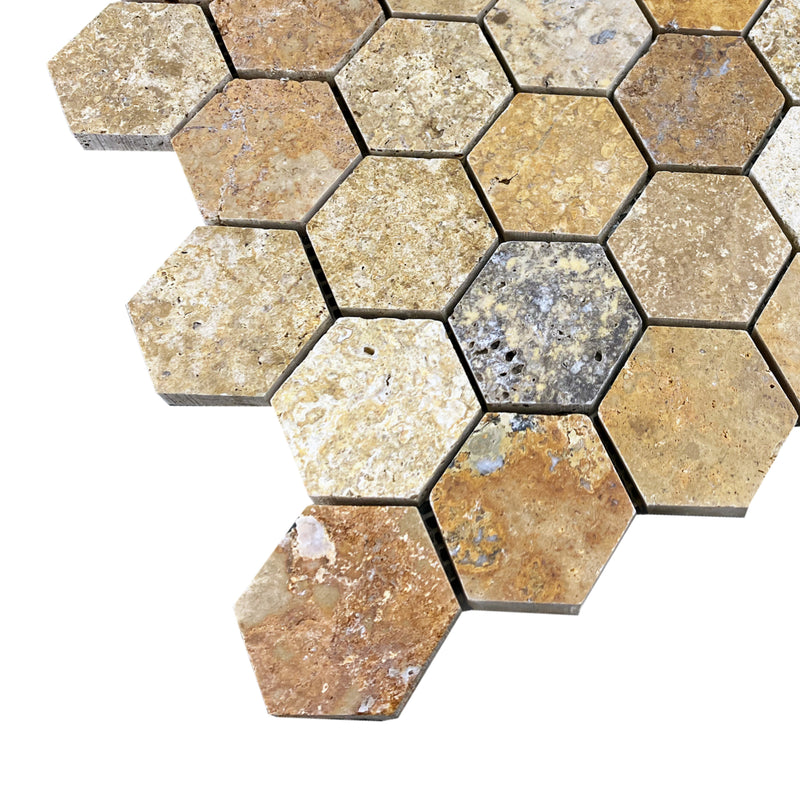 scabos travertine travertine mosaic 2 hexagon honed on 12x12 mesh profile view