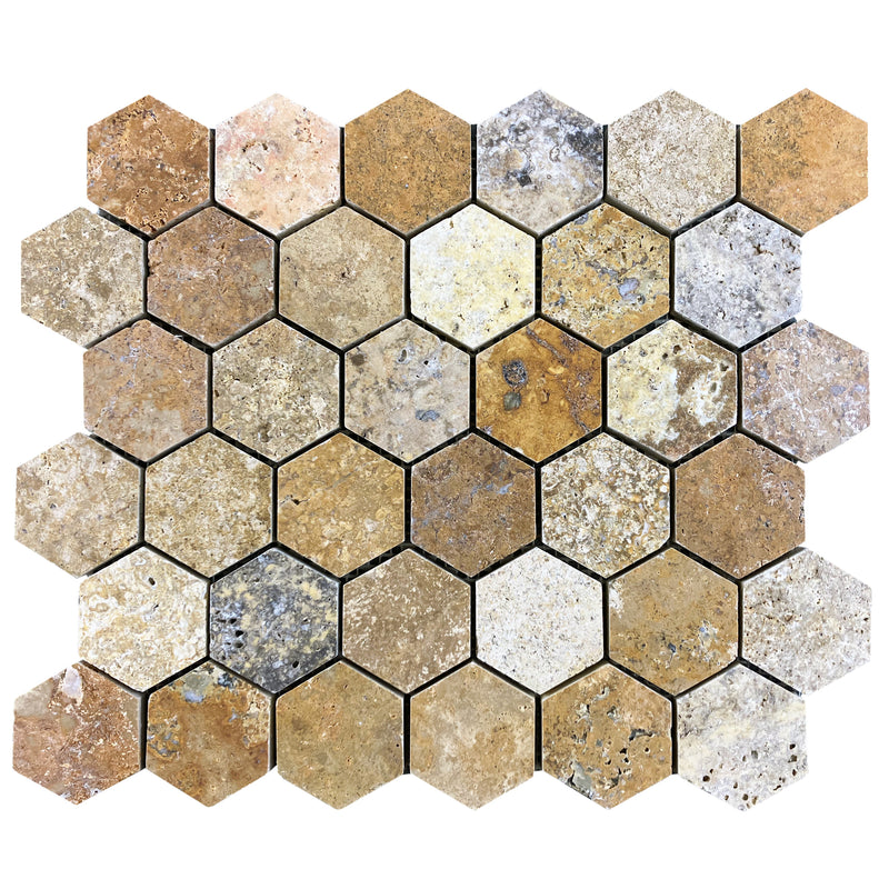 scabos travertine travertine mosaic 2 hexagon honed on 12x12 mesh top product shot view