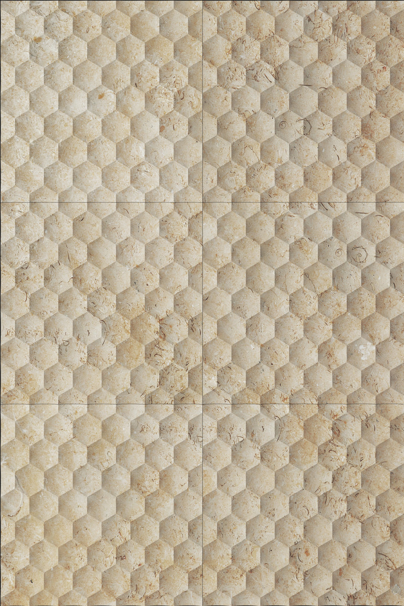 seabed limestone carved stone model HEXAGON 24x24 semi polished 6 tiles top view
