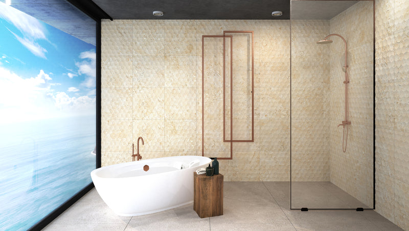 seabed limestone carved stone model HEXAGON 24x24 semi-polished installed on modern bathroom wall bathtub and view