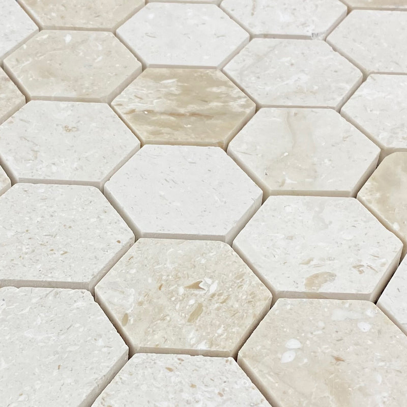 shell stone marble mosaic 2 hexagon honed on 12x12 mesh angle closeup view