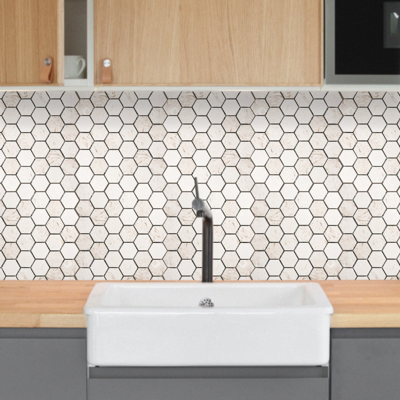 shell stone marble mosaic 2 hexagon honed on 12x12 mesh installed on kitchen wall backsplash