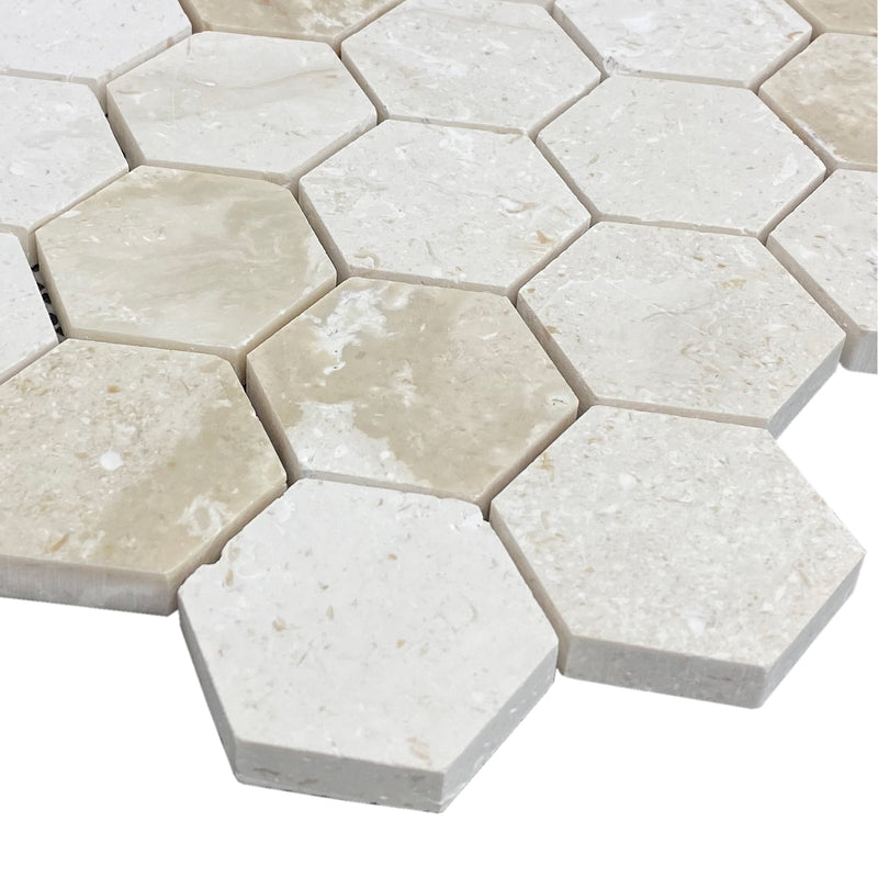 shell stone marble mosaic 2 hexagon honed on 12x12 mesh profile view
