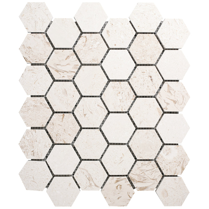 shell stone marble mosaic 2 hexagon honed on 12x12 mesh top view
