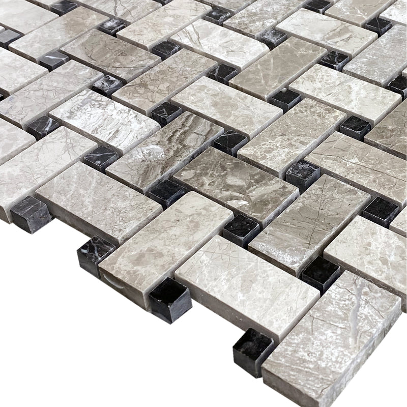 silver shadow marble mosaic tile basketweave on 12x12 mesh honed profile view