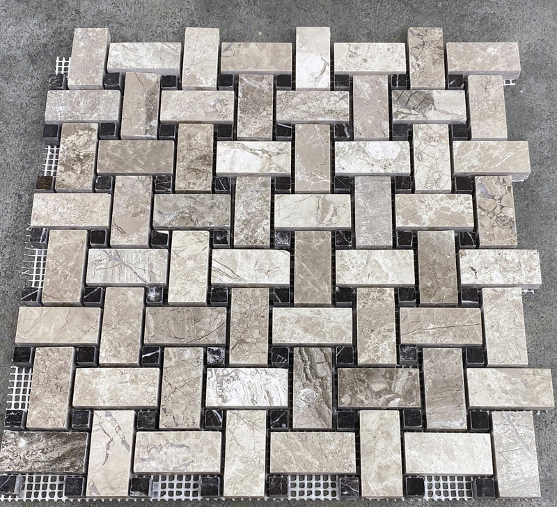 silver shadow marble mosaic tile basketweave on 12x12 mesh honed top view