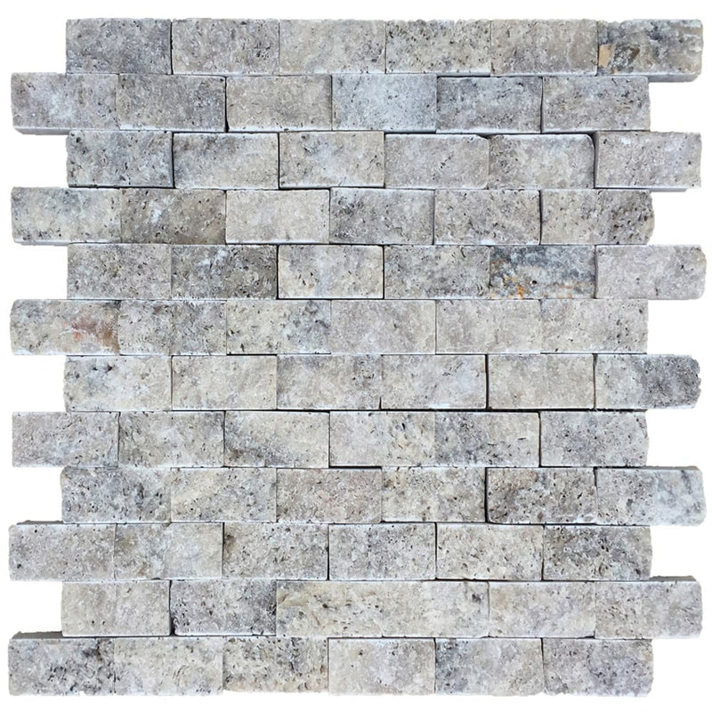 silver travertine mosaic 1x2 stacked stone splitface DP-02-S06