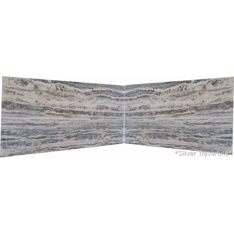 silver travertine vein-cut slabs polished 2cm bookmatching 2 slabs front view
