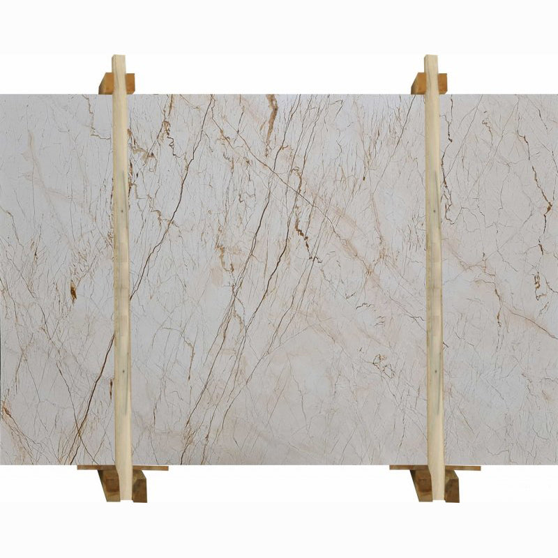 sofita beige marble slabs polished packed on wooden bundle front view