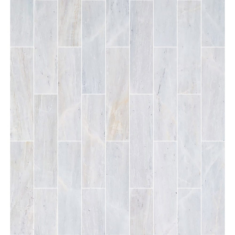 solto white marble 6x24 honed MTSWH6x24 27 tiles top view grouted